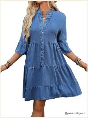 Tiered Ruffle A-Line Denim Dress 3/4 Flared Sleeves Summer Jean Dress